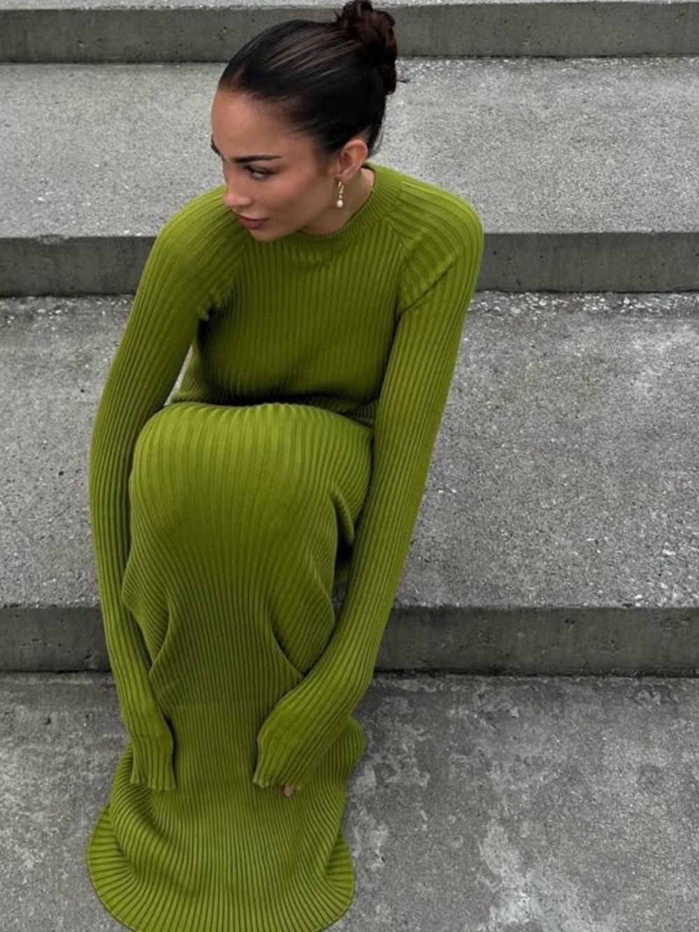 NA-KD ribbed knit maxi dress chartreuse green size small